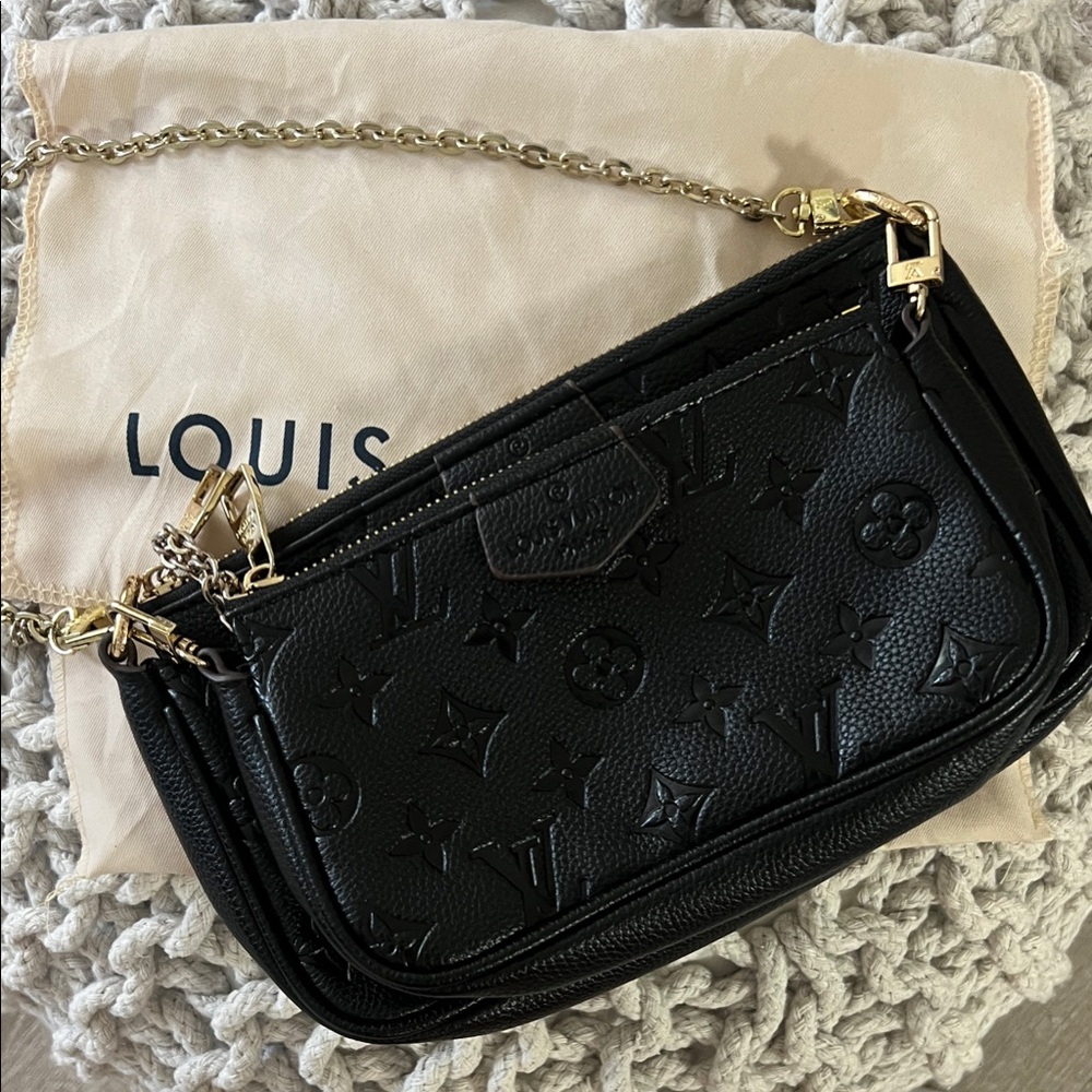 Black Multi Pochette shoulder bag-purse Embossed Leather Clutch with Gold Chain